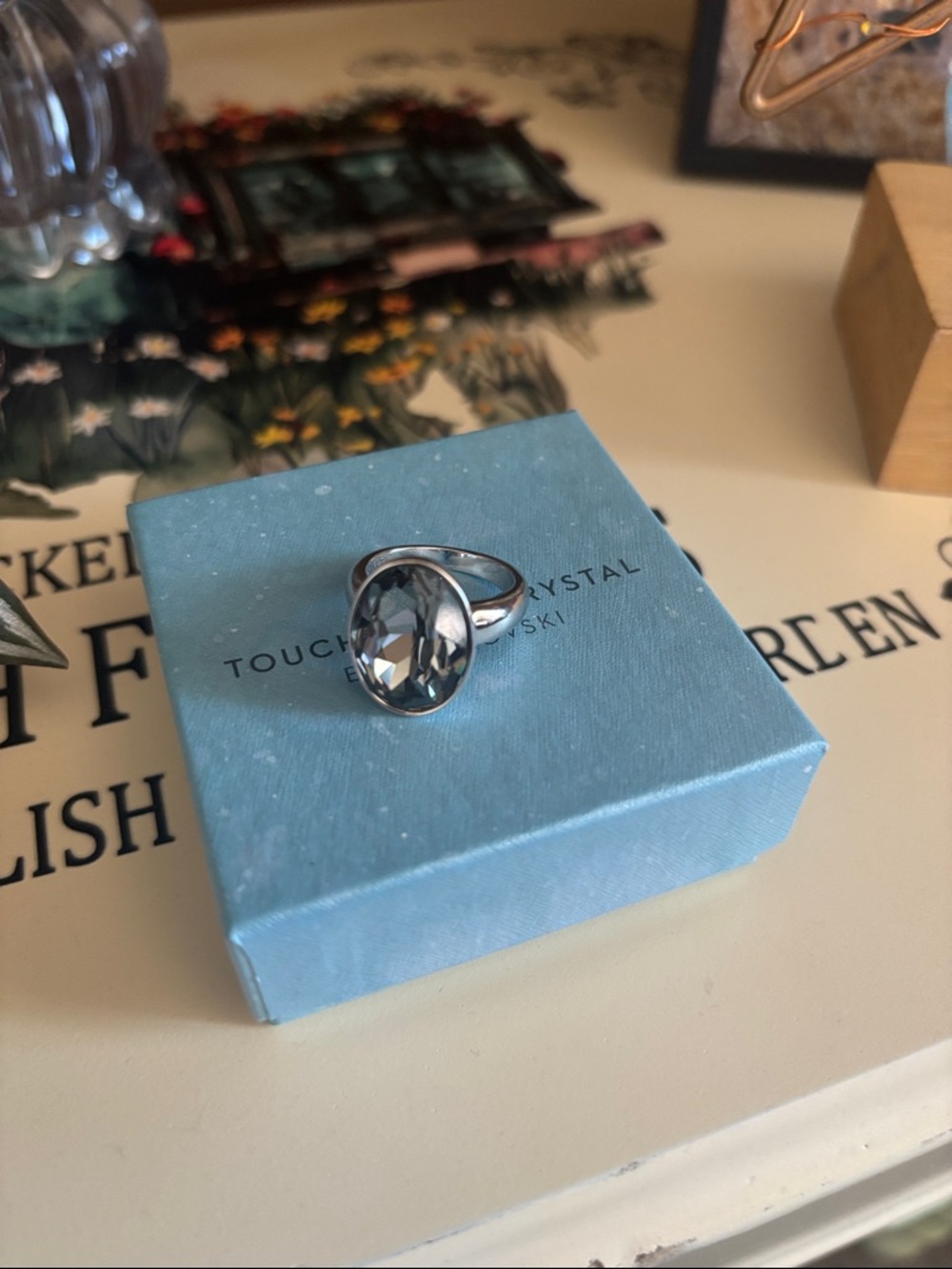 Touchstone Crystal Silver Ring with Smoky Gray Oval Crystal